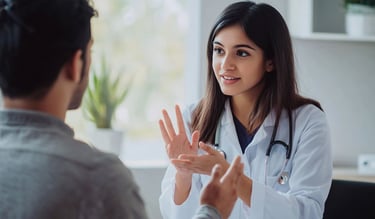 Fisioterapeuta usando Lengua de Señas Mexicana con paciente en clínica accesible e inclusiva