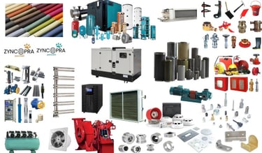 Portafolio de productos de Zyncopra: generadores,  HVAC, textiles para el hogar y piezas metálicas.