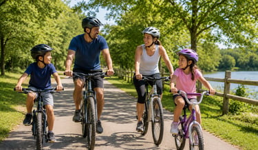 A family taking a bike ride on a bike trail outside.