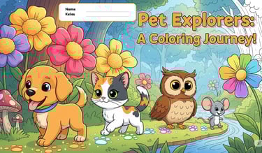 sampul ebook mewarnai dengan tema hewan seperti anjing, kucing, tikus, dan burung hantu
