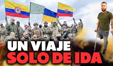 Colombian volunteer soldiers in Ukraine holding flags with an amputee veteran on crutches.