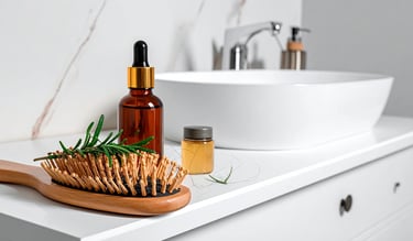 Gotero con aceite de romero y romero en un baño, aceite de romero útil en alopecia androgénica