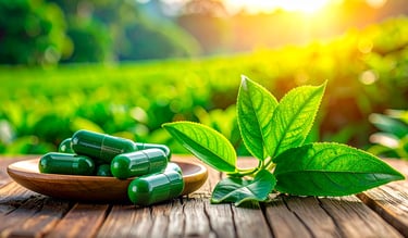 Hojas de te verde con cápsulas de l-teanina, la l-teanina es un excelente adaptógeno