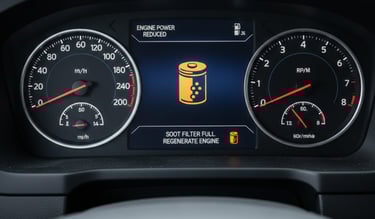 Dashboard Alert: Volvo truck dashboard close-up showing an amber "Soot Filter Full" DPF warning icon and error text.