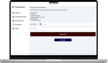 analyst report generator feature of the financier web app displayed on a laptop screen