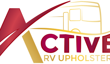 Active RV Upholstery logo featuring a burgundy and gold letter A and a bus outline.