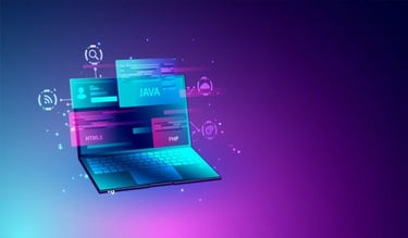 Ilustrasi laptop dengan elemen kode seperti HTML, CSS, Java, dan PHP untuk pengembangan web