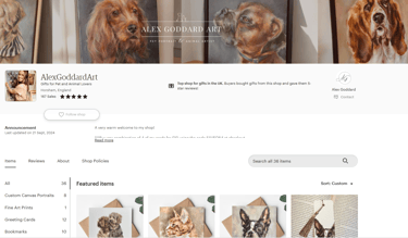 A snapshot showing the homepage of Alex Goddard's Etsy shop