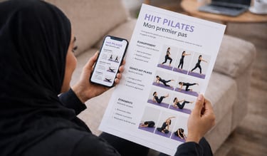 Femme consultant un programme sportif format PDF et smartphone à domicile, avec exercices détaillés