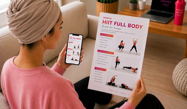 Femme consultant un programme sportif format PDF et smartphone à domicile, avec exercices détaillés