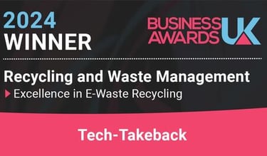 Graphic showing Tech-Takeback's award for Excellence in e-waste Recycling - 2024 UK Business Awards