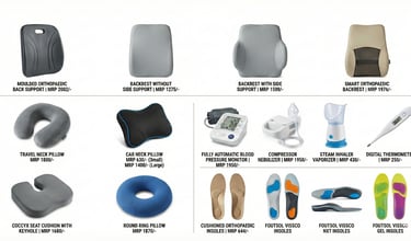 "collection of ergonomic office accessories, travel comfort items and medical health devices "