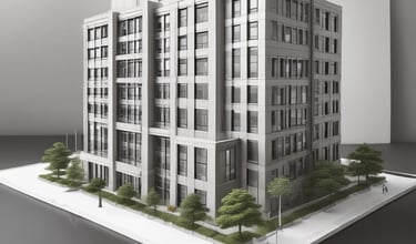 A construction site with a large, metallic building featuring the CSCEC logo and Chinese characters on it. Surrounding the building are tall apartment complexes in the background. Signs are visible, including one indicating an exit with English and Chinese text, and several informational signs in Chinese.