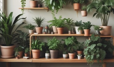 Room filled with assorted houseplants arranged on wooden shelves and hanging planters.