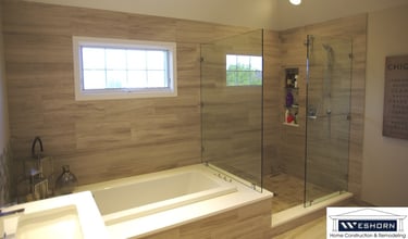Mt Prospect master bath remodel with updated tile flooring, quartz countertops, and new fixtures