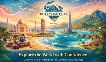RS Travels Trips banner featuring global landmarks like the Taj Mahal and Burj Khalifa with a tropical beach.