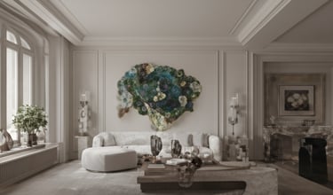 Bright contemporary living space with large windows and art.