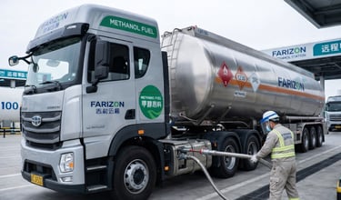 Caminhão movido a metanol sendo abastecido em estação industrial