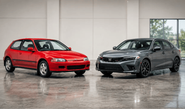 Comparativo entre Honda Civic antigo e modelo atual mostrando a evolução do sedã