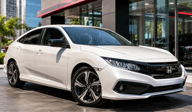 Honda Civic Sport G10 branco exposto em showroom externo urbano moderno