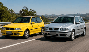 Uno Turbo amarelo e Gol Turbo prata em movimento lado a lado na rodovia