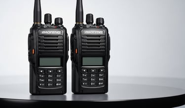 two walkie talkies are on a table