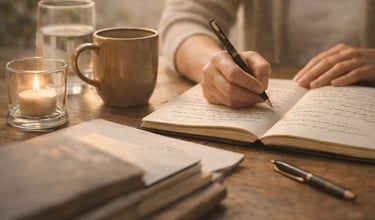 Uma mulher escrevendo em um caderno simbolizando presença guiada