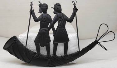 "Handcrafted iron tribal wall art with male and female figures on musical instrument-Fit for export"