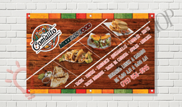 Banner de comida mexicana con fotos, menú, horarios y teléfono.