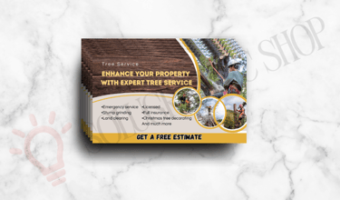 Tarjeta de tree service con fotos de trabajo, servicios y opción de estimado gratis.