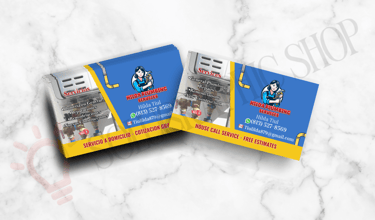 Tarjeta de plomería con logo creado, foto del servicio e información de contacto.