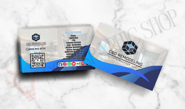 Tarjeta de construcción con imágenes del trabajo, QR, servicios y redes sociales.