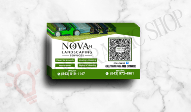 Tarjeta de landscaping con logo, QR, servicios y teléfonos.