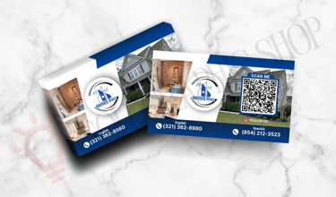 Tarjeta de construcción y remodelación con logo, teléfono y fotos de trabajos.