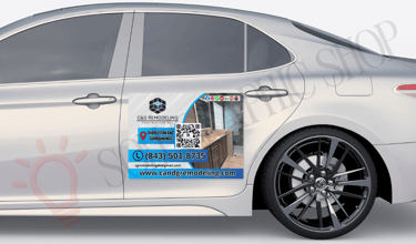 Car magnet de C&G Remodeling Construction LLC con fotos de trabajos, QR, web y teléfono.