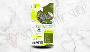 Door hanger de tree service con fotos, QR y datos de contacto.