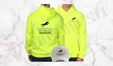 Hoodie amarillo de ARION Construction Solution LLC con logo y teléfono + gorra con logo e info.