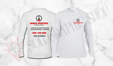 Camisa blanca manga larga de GOMEZ Painting con logo, servicios, teléfono y estimados gratis.