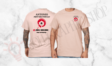 Camiseta salmón manga corta de Antonio Paint Solution LLC, logo al frente y atrás con teléfono.