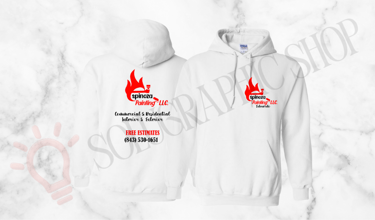 Hoodie blanco de ESPINOZA Painting LLC, logo al frente y atrás con teléfono y estimados gratis.