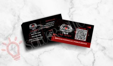 Tarjeta de carwash en inglés y español, dos lados, logo, QR, servicios y teléfono