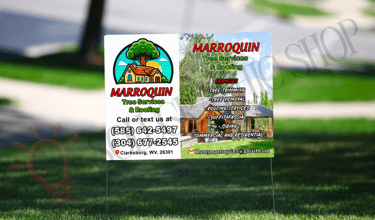 Yard sign de tree service con logo, fotos del trabajo, servicios y teléfonos.