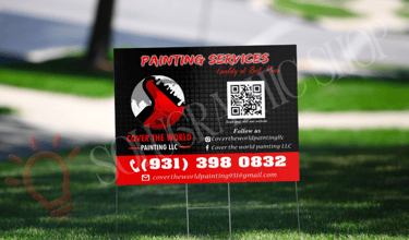 Yard sign de servicio de pintura con logo, QR, redes, teléfono y correo.
