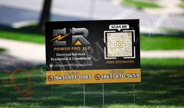 Yard sign de ER PowerPro LLC con QR, teléfonos y servicios.