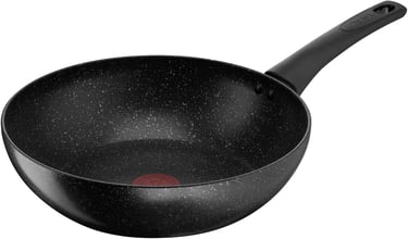 Tefal non-stick stir-fry wok pan with black stone-effect coating and Thermo-Signal heat indicator.