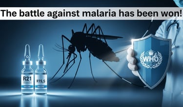 दो मलेरिया वैक्सीन R21 और RTS,S की इमेज, पृष्ठभूमि में मच्छर का प्रतीक और WHO की स्वीकृति दर्शाता