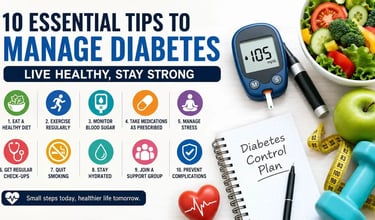Infographic showing 10 essential tips to manage diabetes