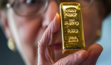 elderly woman holding a gold bar in her hands