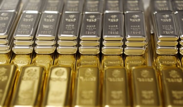 gold and silver bullion bars in rows and stacks