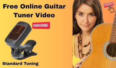 A woman with an acoustic guitar and  guitar online tuner for free online video lessons.
